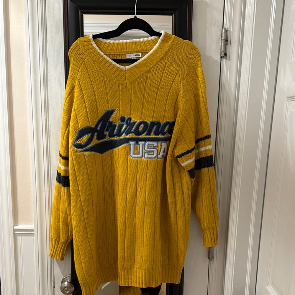 Fashion Nova Mustard Crewneck Sweater with Navy & White Sleeve Stripes